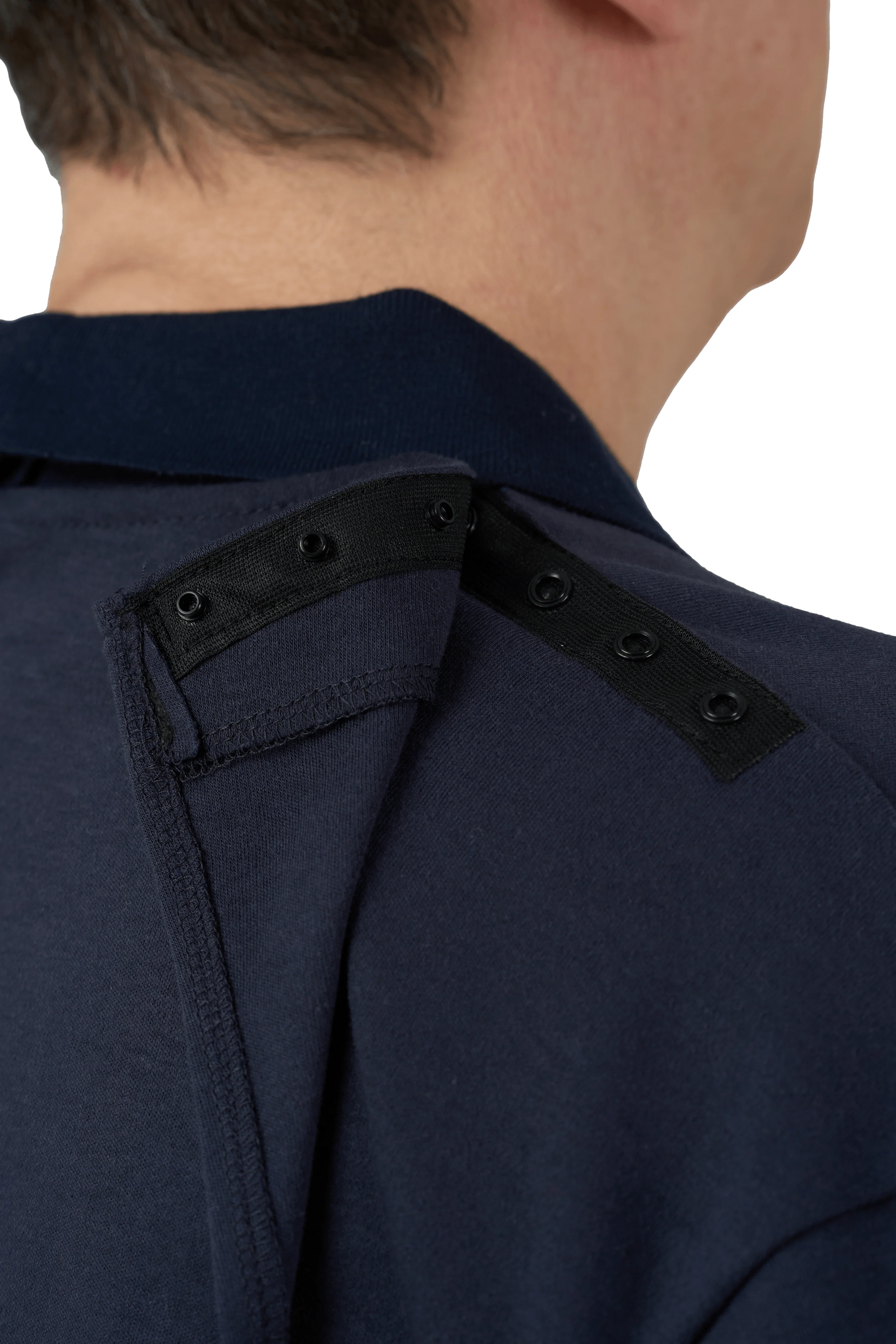 Navy adaptive polo shirt with side snap closures for easy dressing, designed for seniors and mobility assistance.