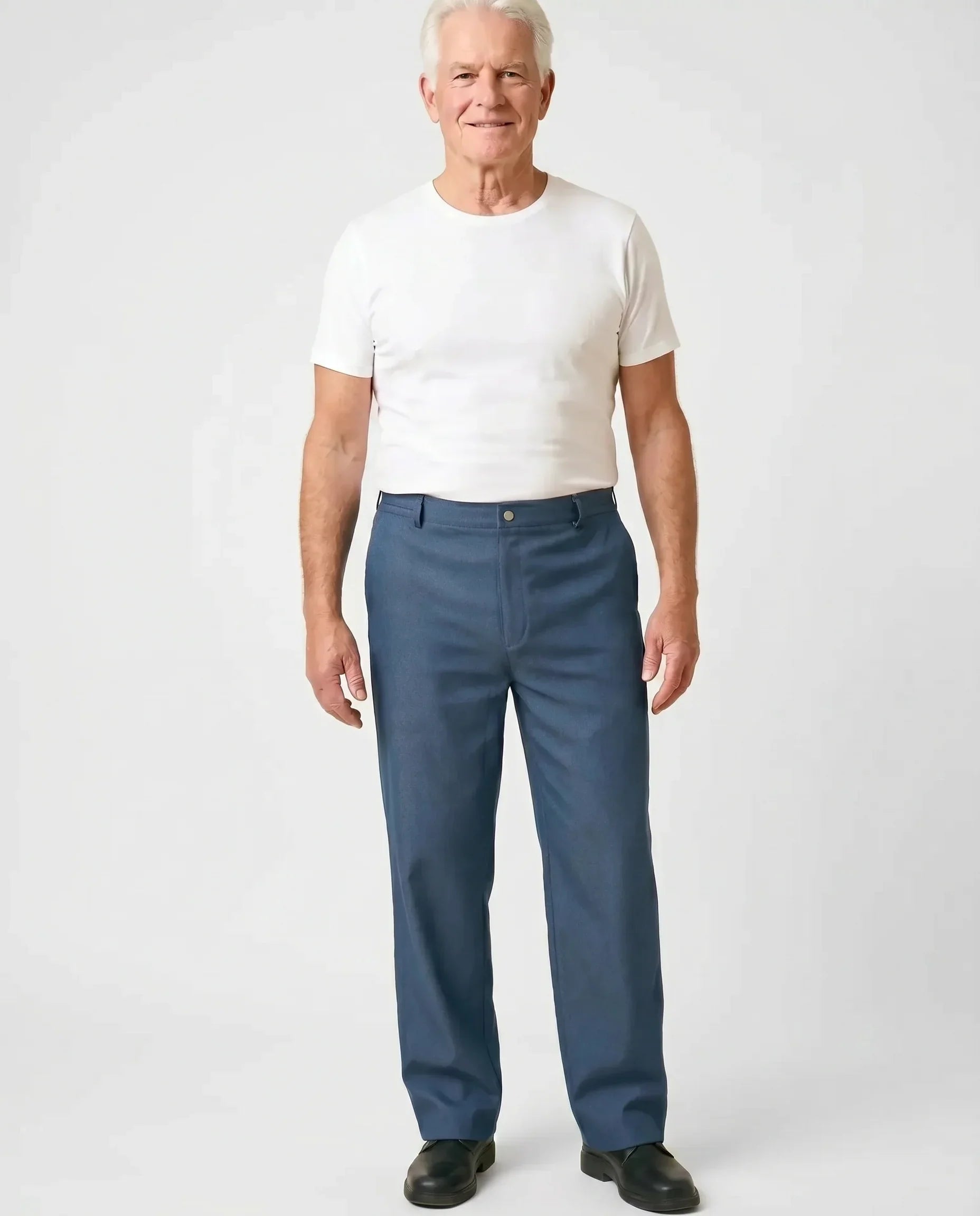Senior man wearing Ovidis Willy Jeans in Blue, full body front view