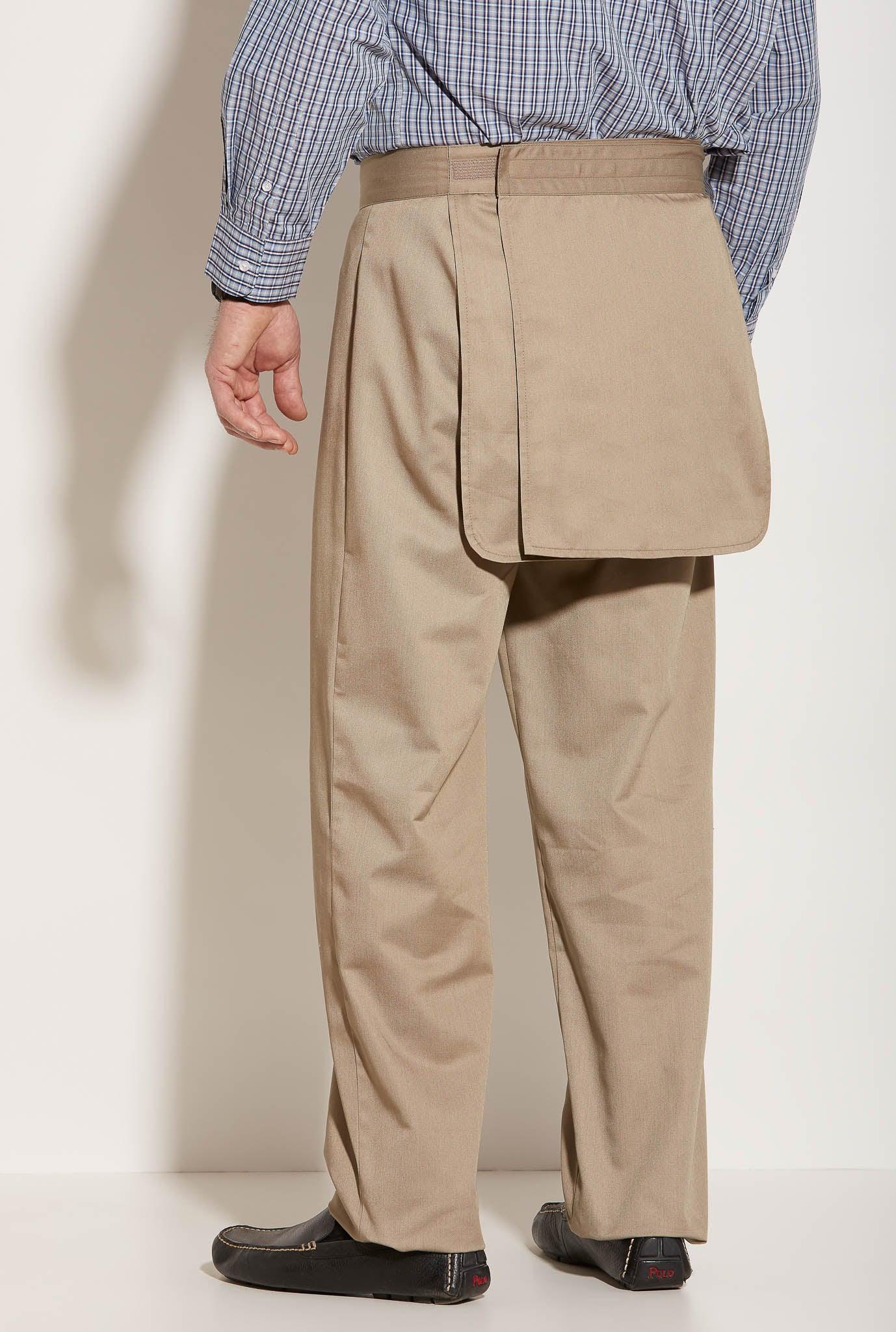 Men’s adaptive khaki pants with rear flap, designed for easy dressing and mobility support