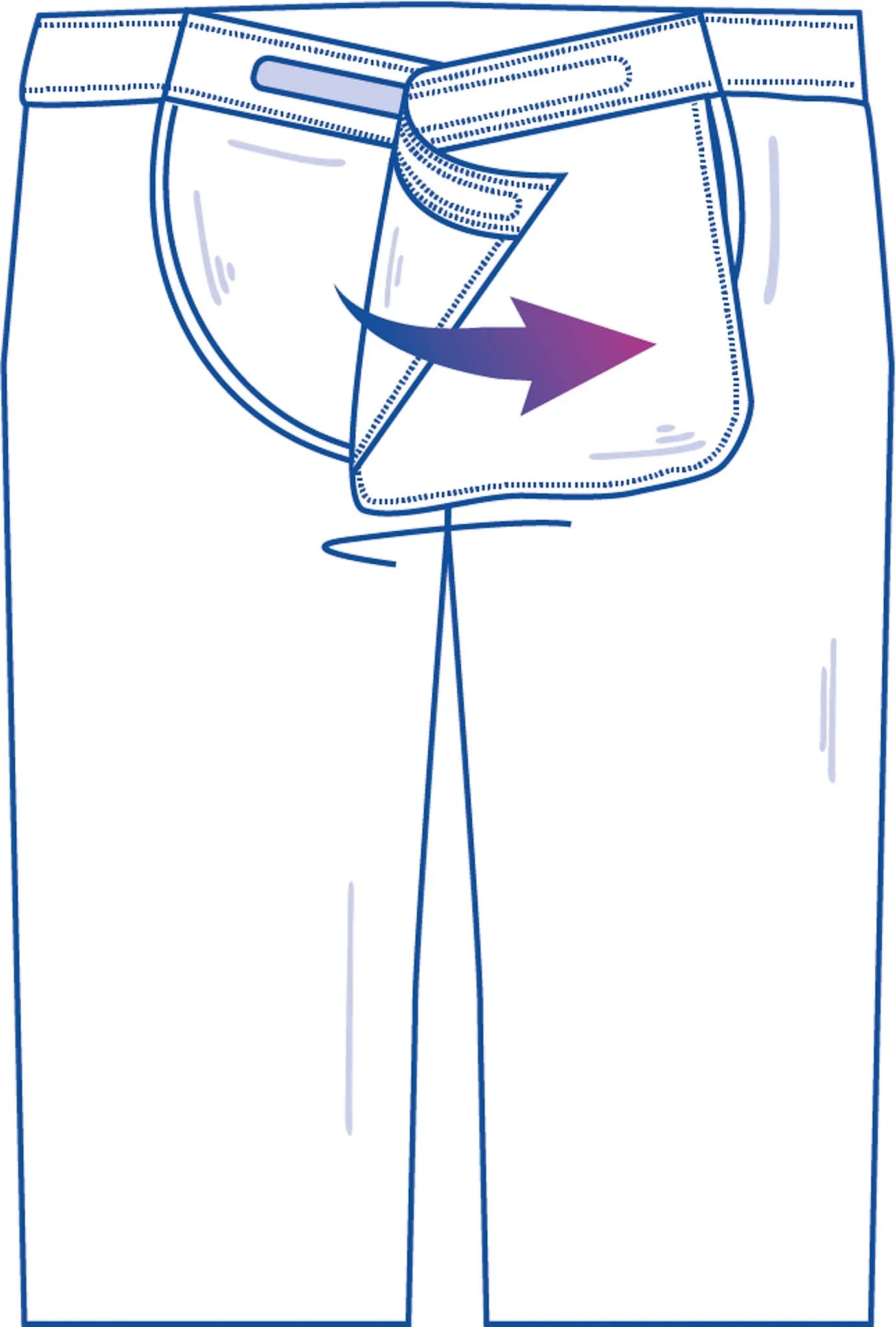 Illustration of adaptive pants with a velcro back panel for easy assisted dressing